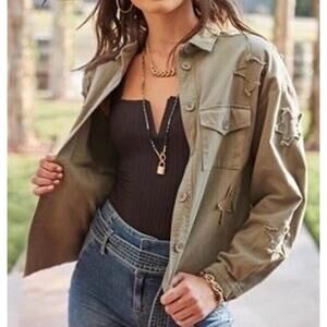 Newbury Kustom Women's Army Olive Green Short Utility Jacket M Button Up Stars